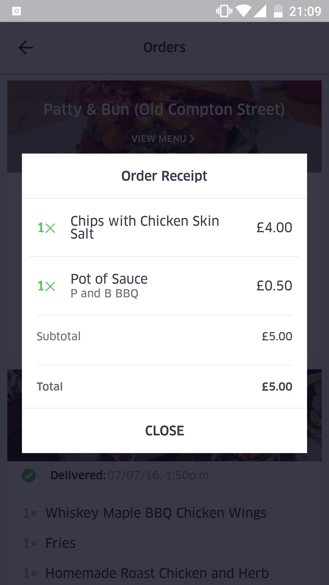 Screenshot of UberEats receipt charging for two sauces, but displaying 1 50p charge