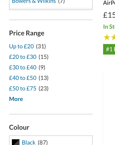Price filters on Very showing price ranges with a minimum and maximum amount