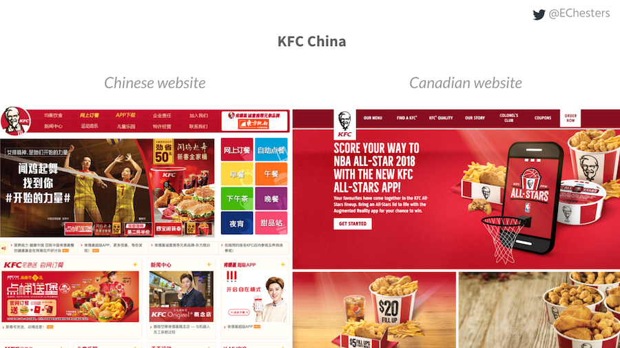 Comparison of the Chinese KFC website to the Canadian website. The Chinese site has more red in the elements rather than just backgrounds. Canadian website has a lot less adverts on the page and is less dense in information.